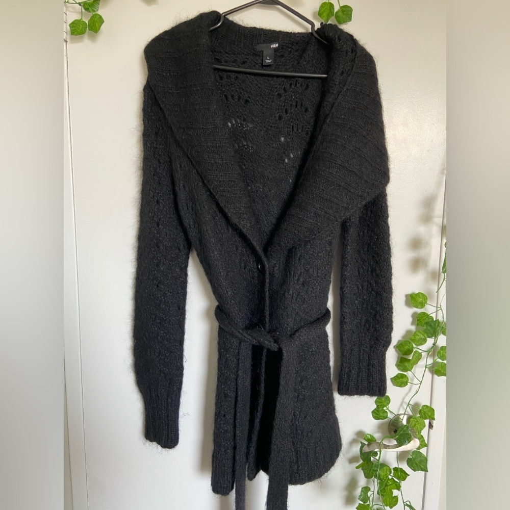 H&M Black Mohair Wool Blend Long Shawl Collar Belted Cardigan Sweater Size L